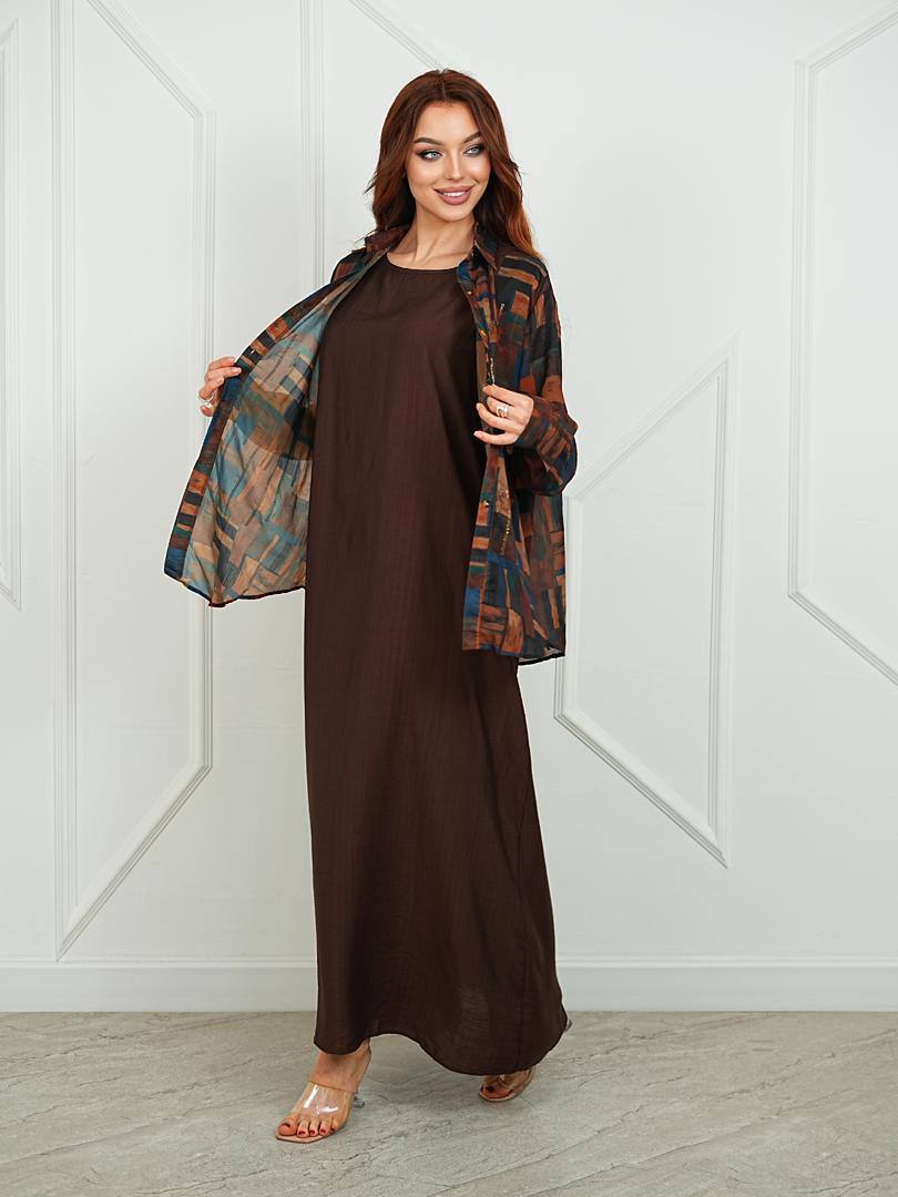 Стильный комплект: платье + накидка-рубашка со стразами