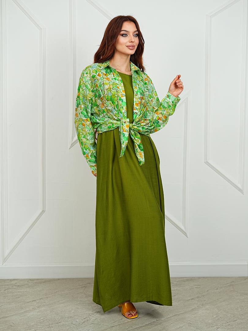 Стильный комплект: платье + накидка-рубашка со стразами