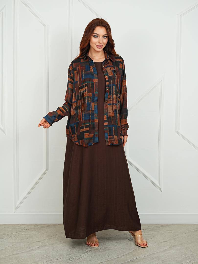 Стильный комплект: платье + накидка-рубашка со стразами