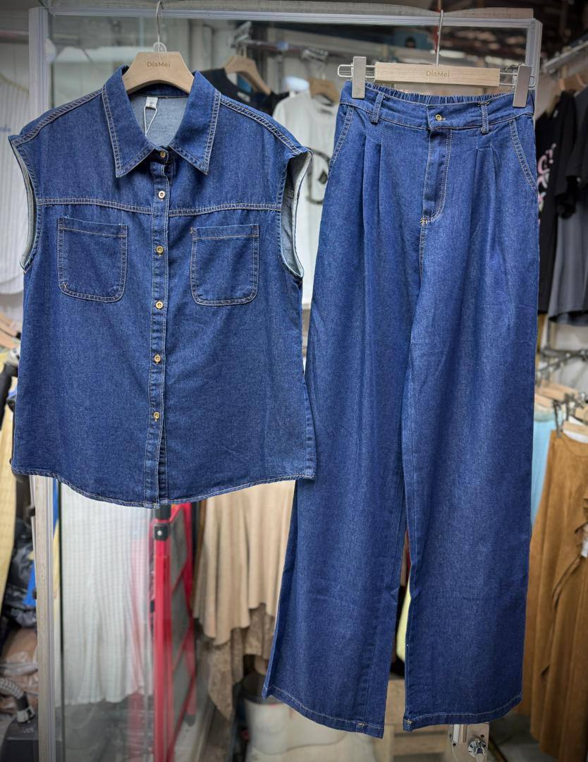 Джинсовый костюм двойка (топ + широкие брюки)